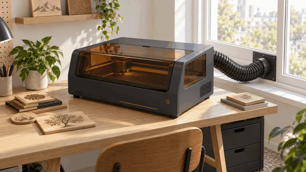 Compact enclosed laser engraver on an apartment desk with an exhaust duct leading to a window.