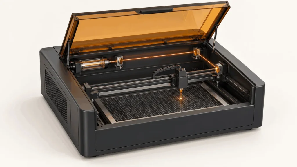 Open laser engraver with an illustrated light path through its mirrors to the head.