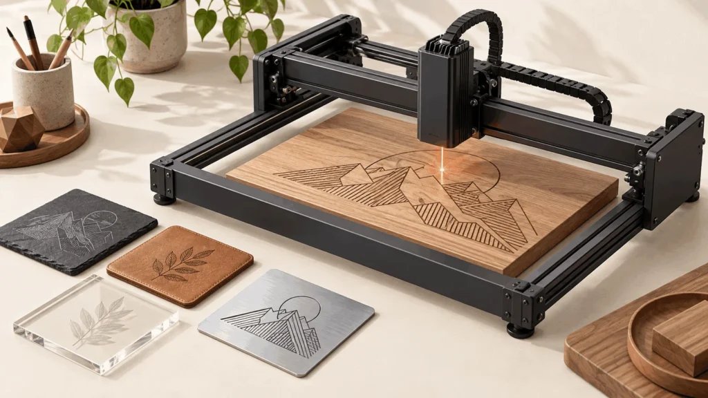 Illustration of a laser engraver etching wood beside slate, leather, acrylic, and metal samples.